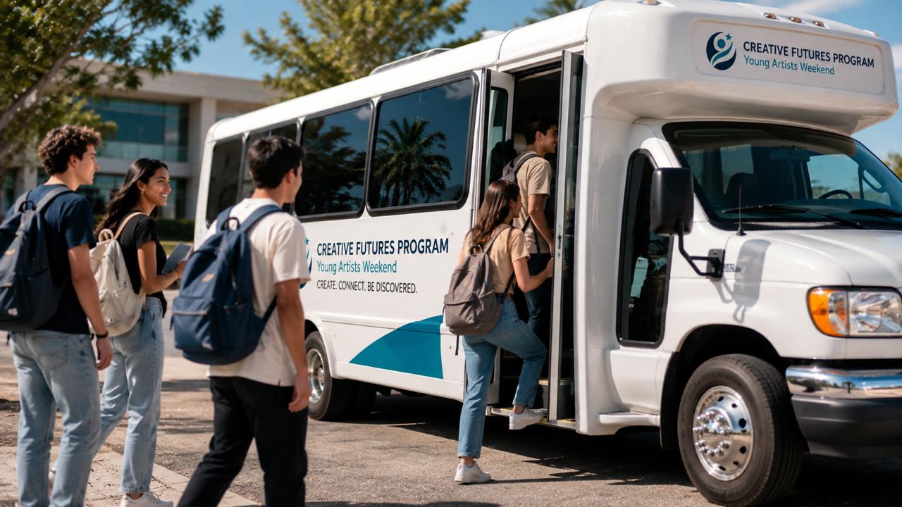 Young artists boarding the Creative Futures Program bus